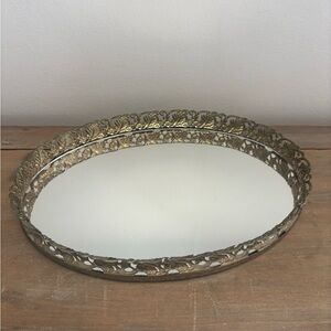 Vintage 1930’s Art Nouveau Goldtone Filigree Metal Oval Mirrored Vanity Tray